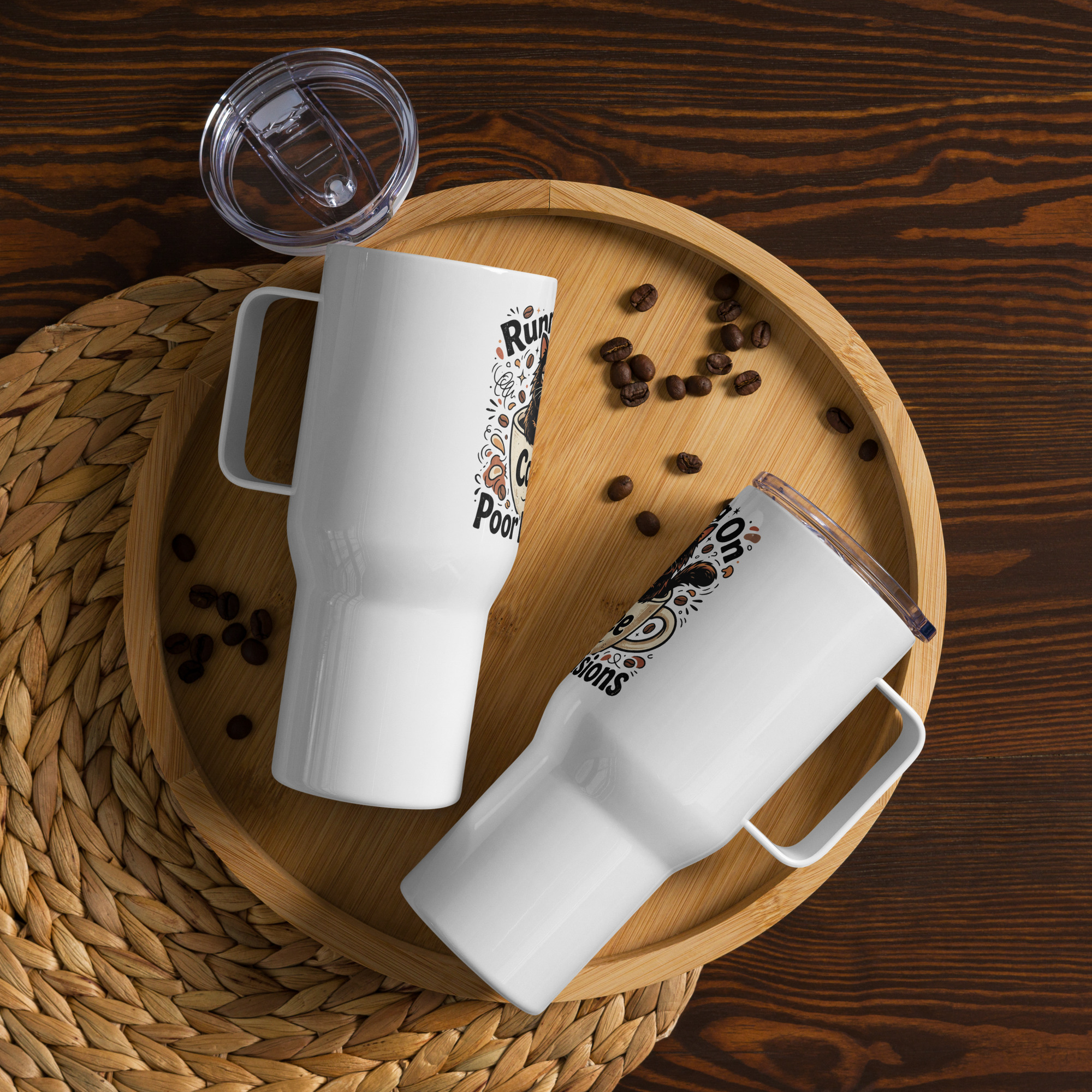 Running On Coffee and Poor Decisions Travel Mug with Handle - Image 2
